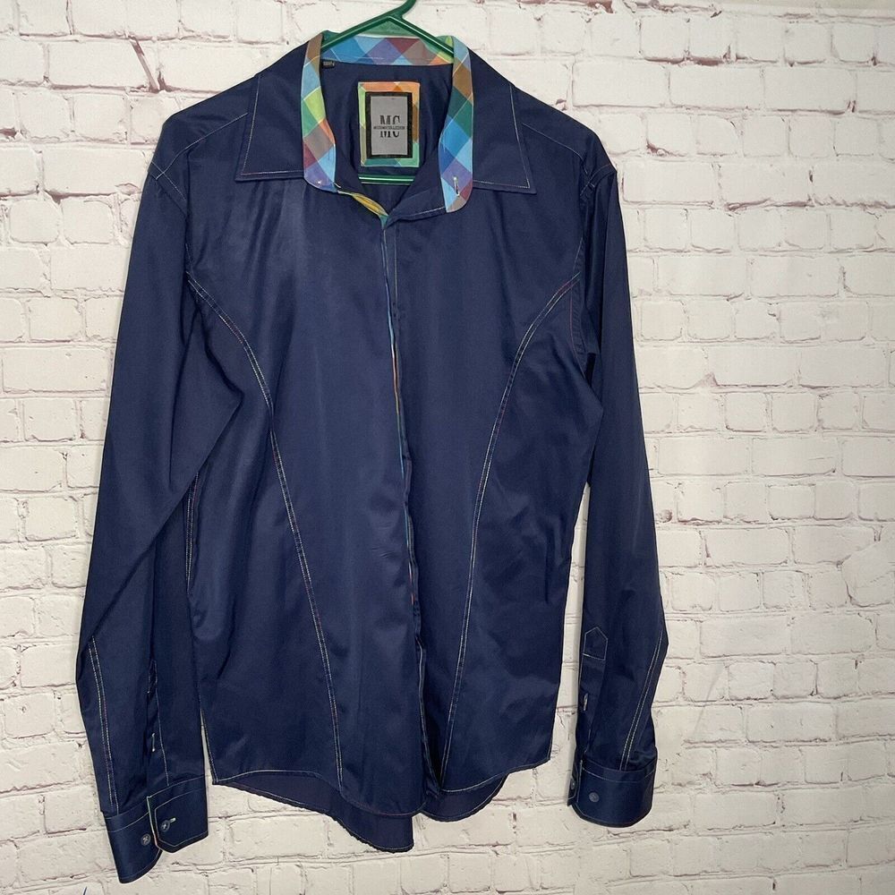 Mizumi Mens XL Shirt Button down Long‎ Sleeve Navy Plaid Cuffs Trim Classic Fit